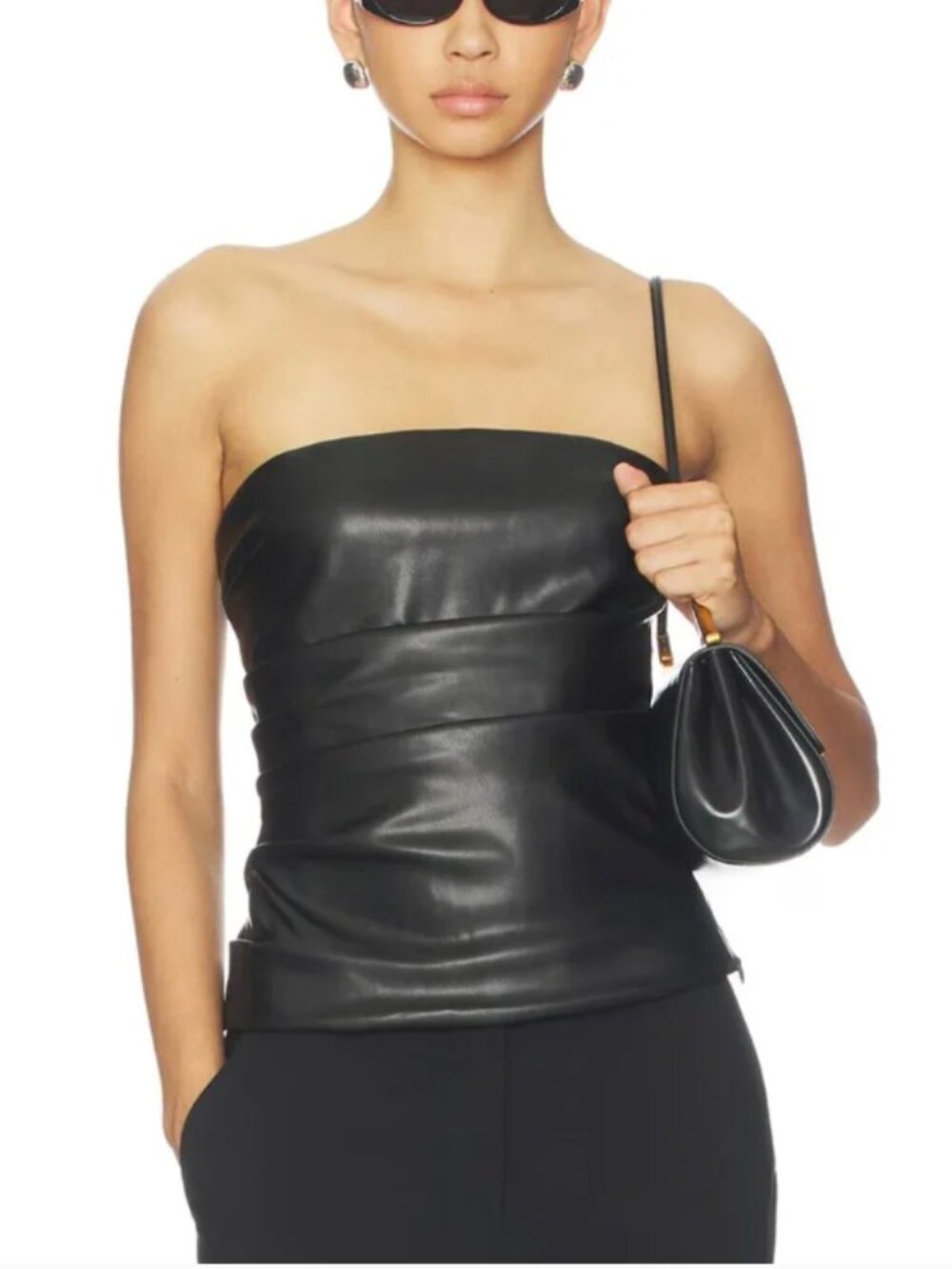 Super Down Leynia Faux Leather Top in Black Strapless Tube Top